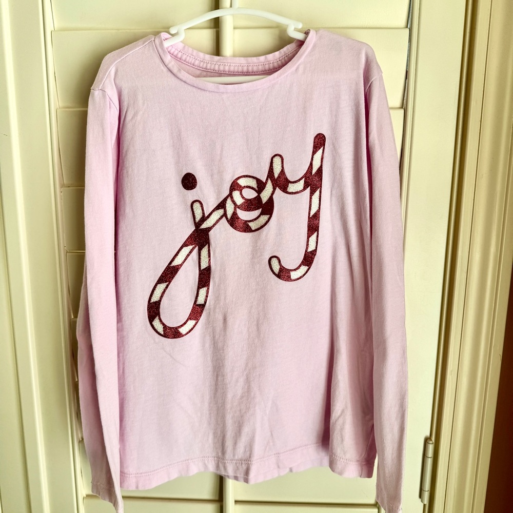Crewcuts Girls Pink Holiday “Joy” Candy Cane Glitter Tee‎ Size 6–7 Christmas